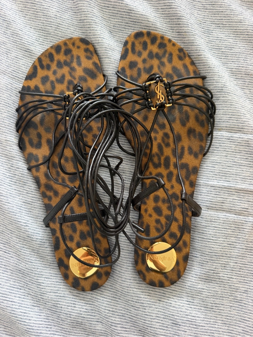 Saint Laurent Leopard-Print Lace-Up Sandals with Gold Accents - Brown/Black